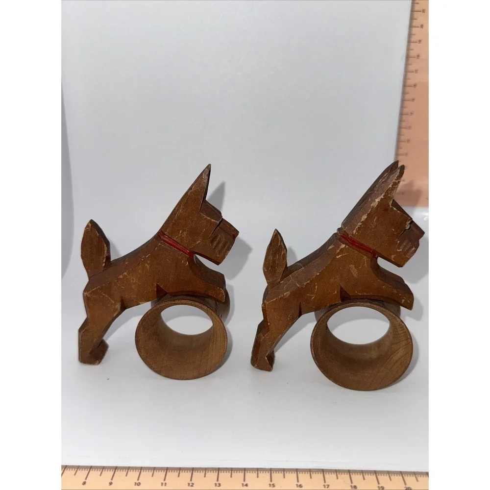 Vintage Pair Of Carved Wooden Scottie Dog Napkin Rings - Made In‎ Germany